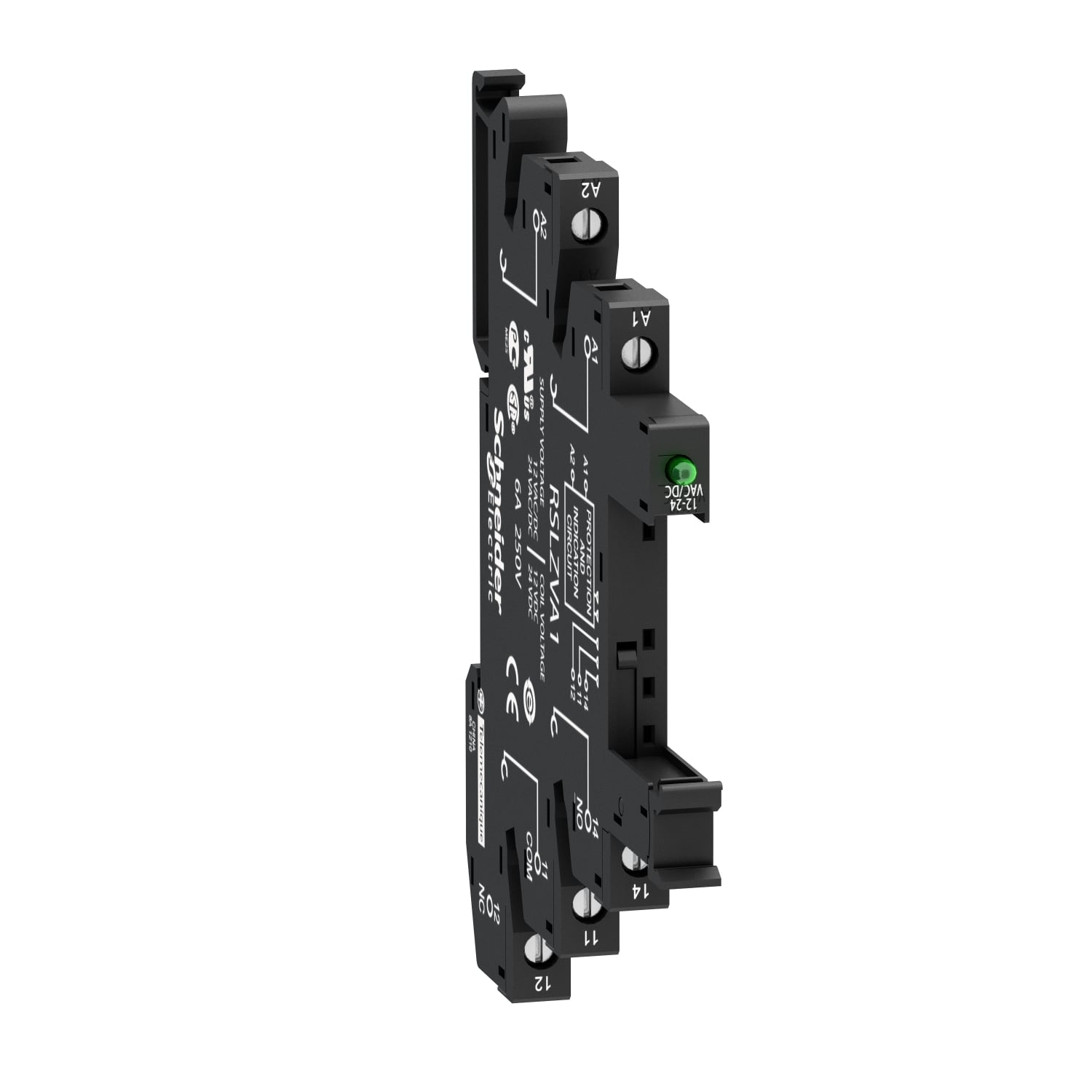 RSLZVA1 Zelio Flat Relay Socket With LED, Protection Circuit, 12 to 24 V AC/DC, 6 A, For Use With RSB (1CO) Plug-In Relay