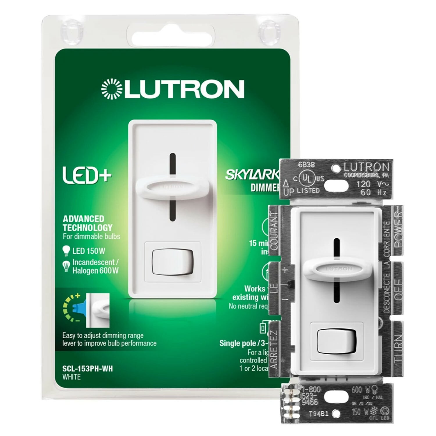 SCL-153PH-WH Skylark LED+ Dimmer Switch, No Neutral Required, 150W LED or 600W Incandescent/Halogen, 120V, 1 Pole/3-Way, White