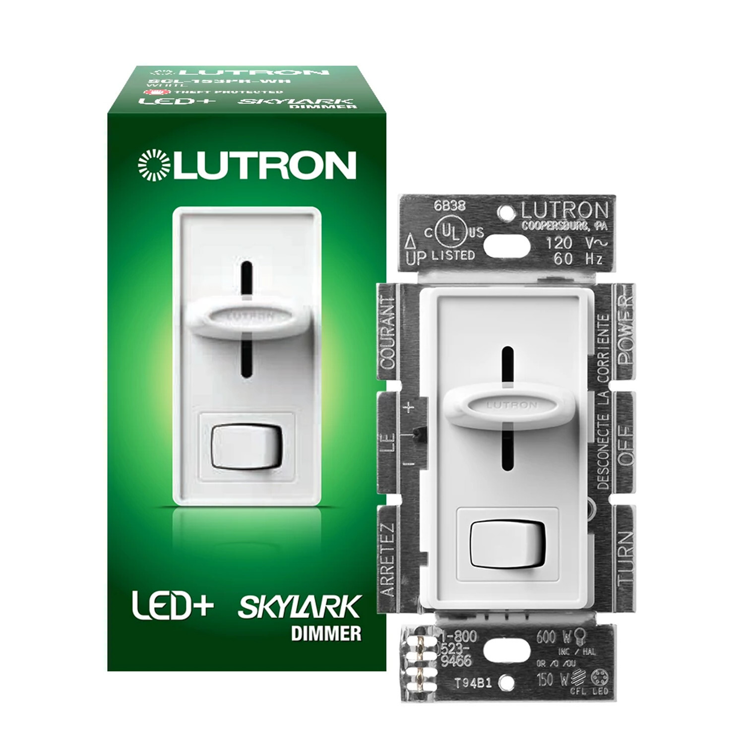 SCL-153P-WH Skylark LED+ Dimmer Switch, No Neutral Required, 150W LED or 600W Incandescent/Halogen, 120V, 1 Pole/3-Way, White