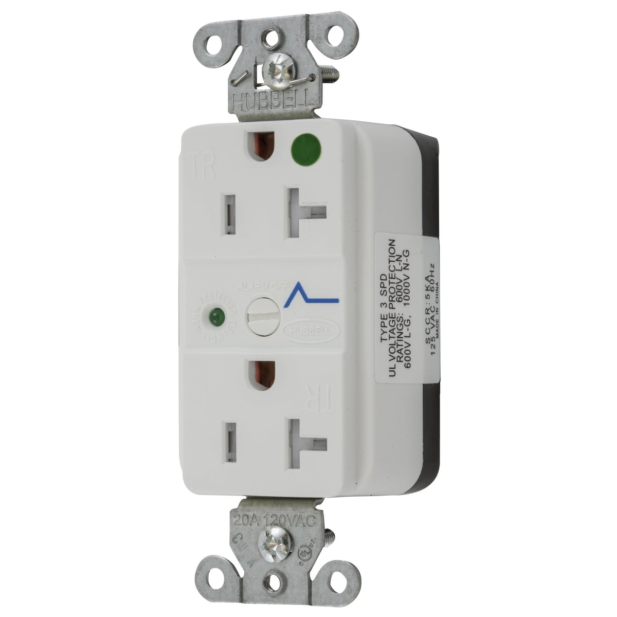 SNAP8362WS 1-Phase 2-Pole 3-Wire Decorator Duplex Extra Heavy Duty Grounding Standard Tamper-Resistant Surge Protection Receptacle, 125 VAC, 20 A, 60 Hz, 1 Phase