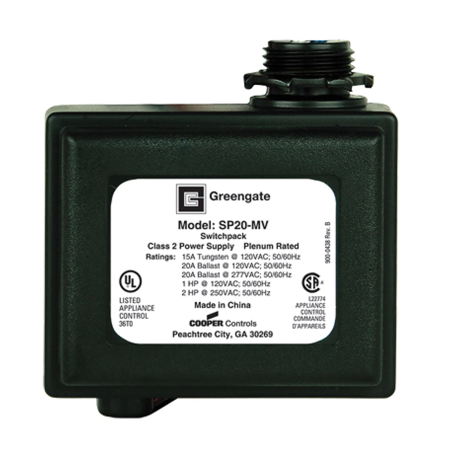 SP20-MV Greengate SP20 Heavy Duty Hardwired Switchpack, For Use With Low Voltage Greengate, 120/277 V AC, 50/60 Hz Electrical Rating, 125 mA Output Current, 15 V DC Output Voltage, 2400 to 5400 W, ABS