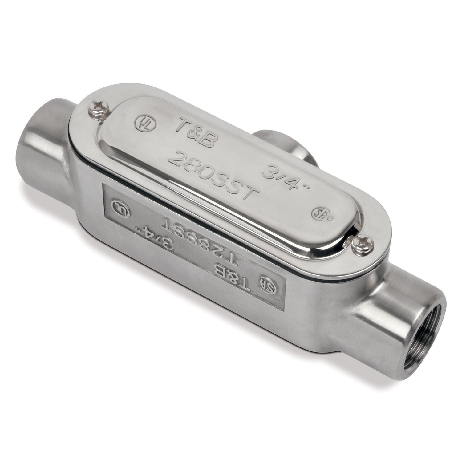 T28SST T&B BlueKote Type T Conduit Body With Cover, Gasket and Screw, 3/4 in Hub, Form 8 Form, 9 cu-in Capacity, 316 Stainless Steel, Polished