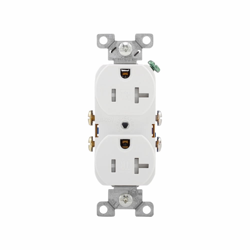 Eaton residential grade duplex receptacle, #14-10 AWG, 20A, Commercial, Residential, Flush, 125V, Side wire, White, Brass, Impact-resistant thermoplastic face, PVC body, 5-20R, Duplex, Screw, Thermoplastic, ED Box