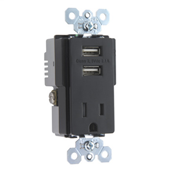 TR5261USB Decorator USB Charger, 15 A, 125 V AC, 1 Phase, 2 Poles, 3 Wires, Brown