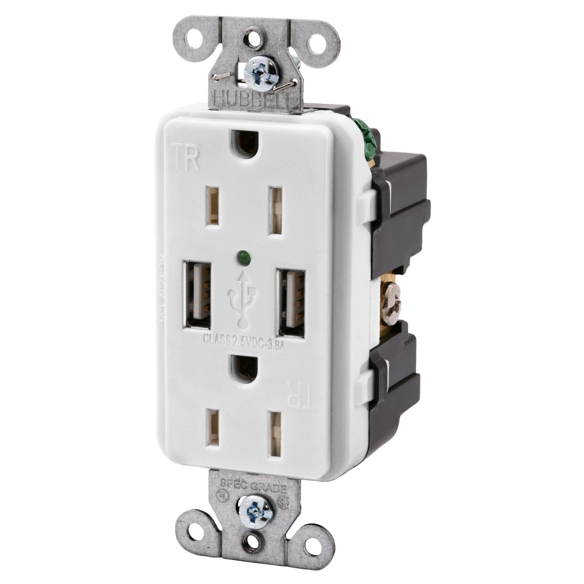 USB15X2W Decorator Duplex Straight Blade Tamper-Resistant Receptacle and USB Charger, Electrical Ratings: 125 V AC, 15 A, 1/2 hp, 1 Phase , 2 Poles, 3 Wires, White