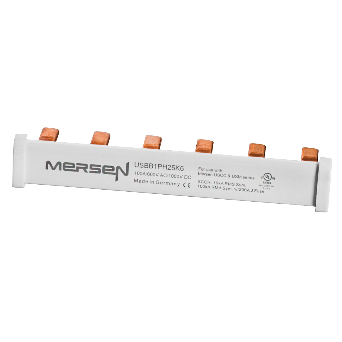 USBB1PH25K6 UltraSafe 1-Phase 6-Pole Comb Busbar, For Use With USM and USCC Fuse Holders, 600 V AC/1000 V DC, 200 A, Copper