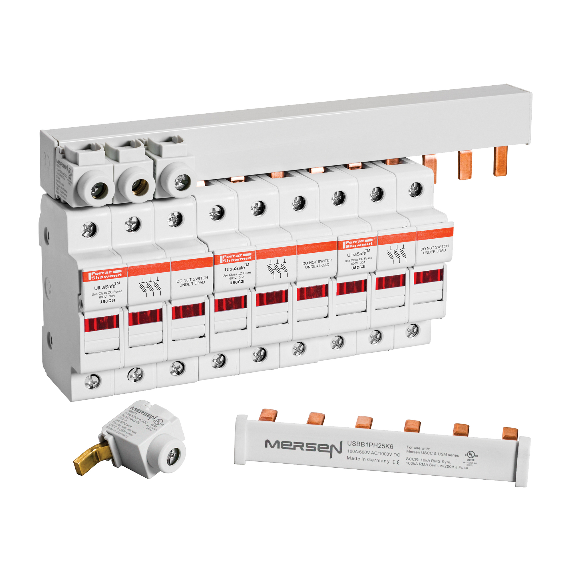 USBB3PH25K15 UltraSafe 3-Phase Combo Busbar, For Use With Class CC (USCC) and Midget (USM) Fuseholders, 600 V AC, 200 A, 3-Phase, 15-Poles, Copper