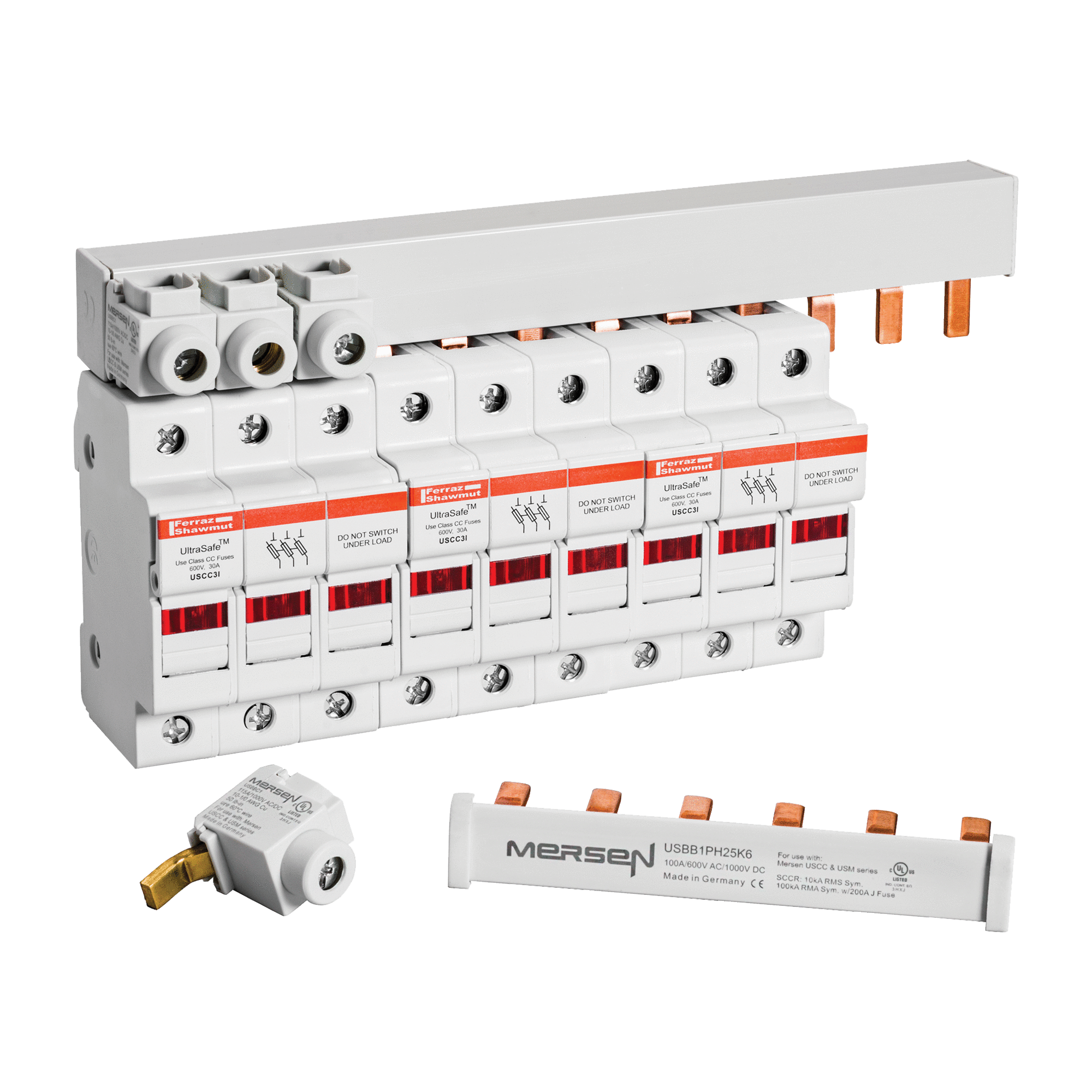 USBB3PH25K9 UltraSafe 3-Phase Busbar, For Use With Class CC (USCC) and Midget (USM) Fuseholders, 600 V AC, 200 A, 3-Phase, 9-Pole, Copper