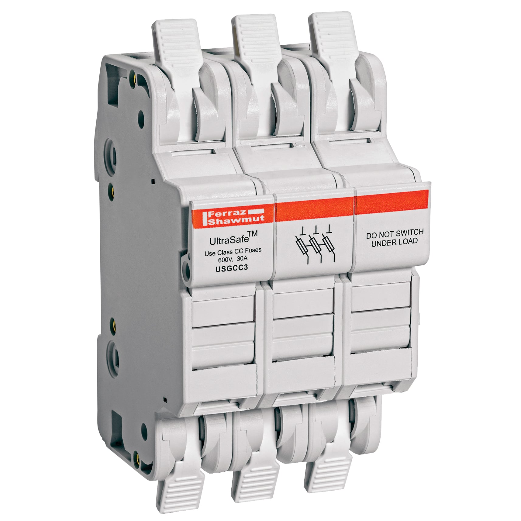 USGCC3 UltraSafe Fuse Holder, 600 V AC/DC, 30 A, 14 to 6 AWG Wire, 3 Poles