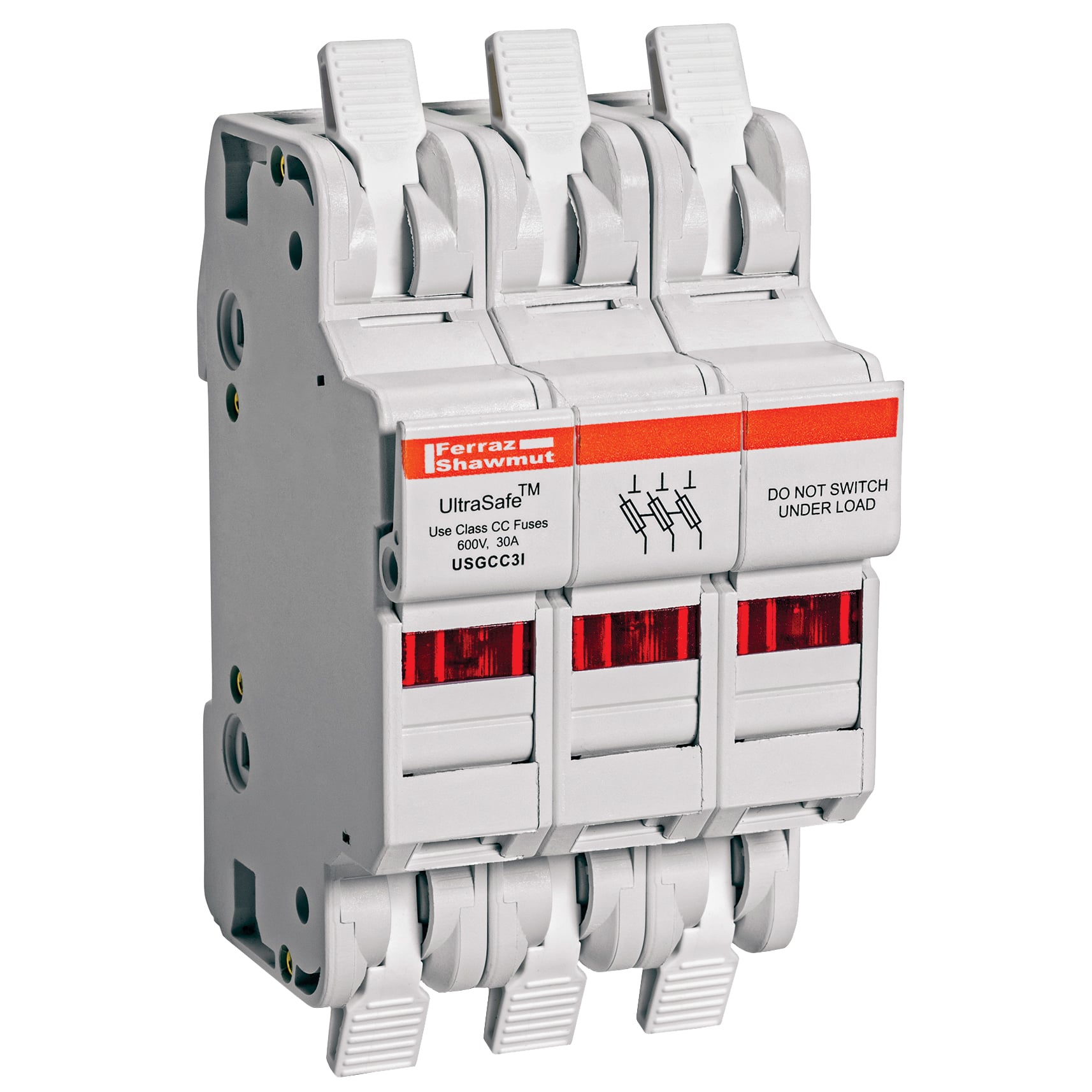 USGCC3I UltraSafe Fuse Holder, 600 V AC/DC, 30 A, 14 to 6 AWG Wire, 3 Poles