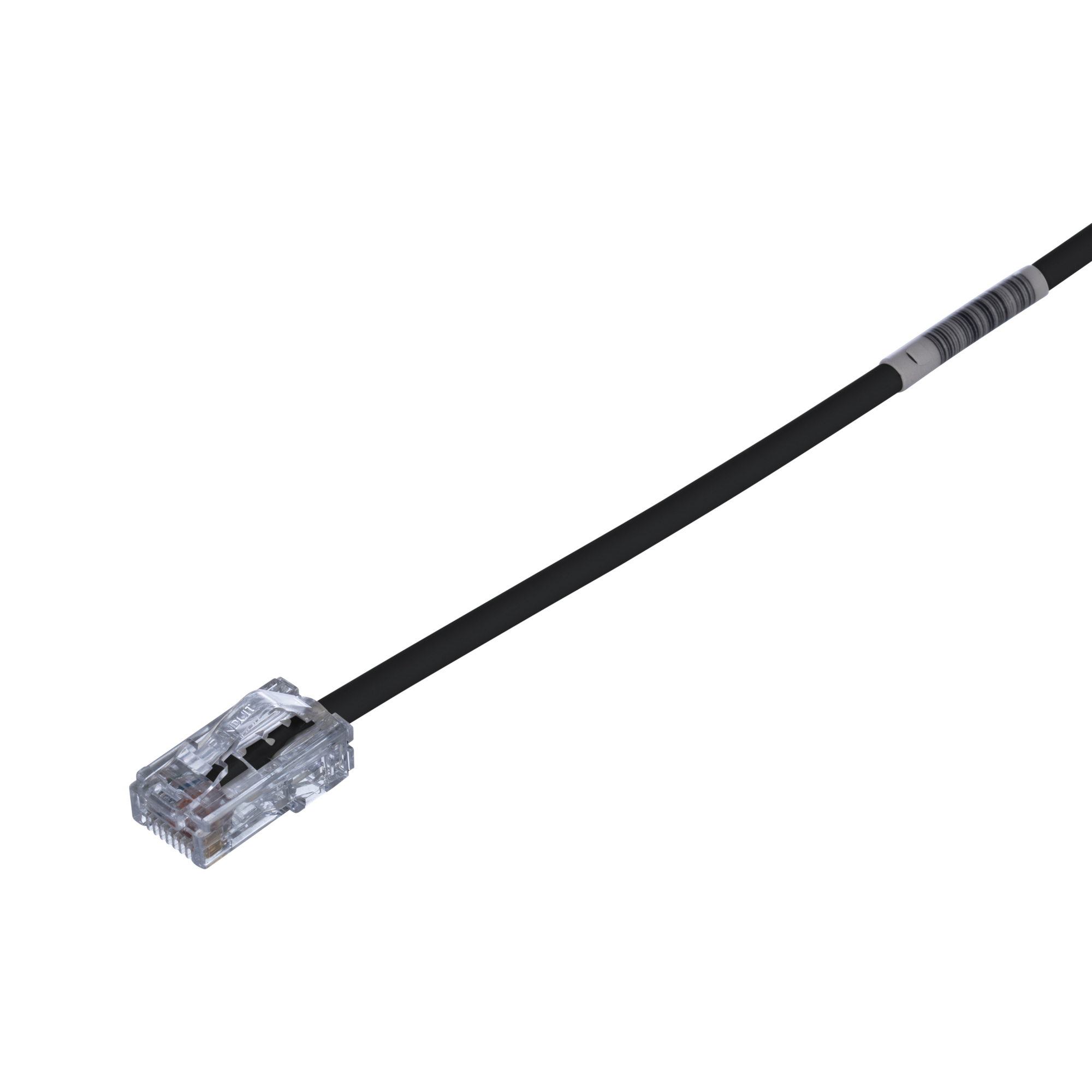 UTP28CH1BL PanNet Pan-Plug TX5e-28 Class D Small Diameter Patch Cord, Cat 5E, 28 AWG U/UTP Copper Stranded Conductor, RJ45 Modular Plug Boot Connector, 1 ft L Cord, Black