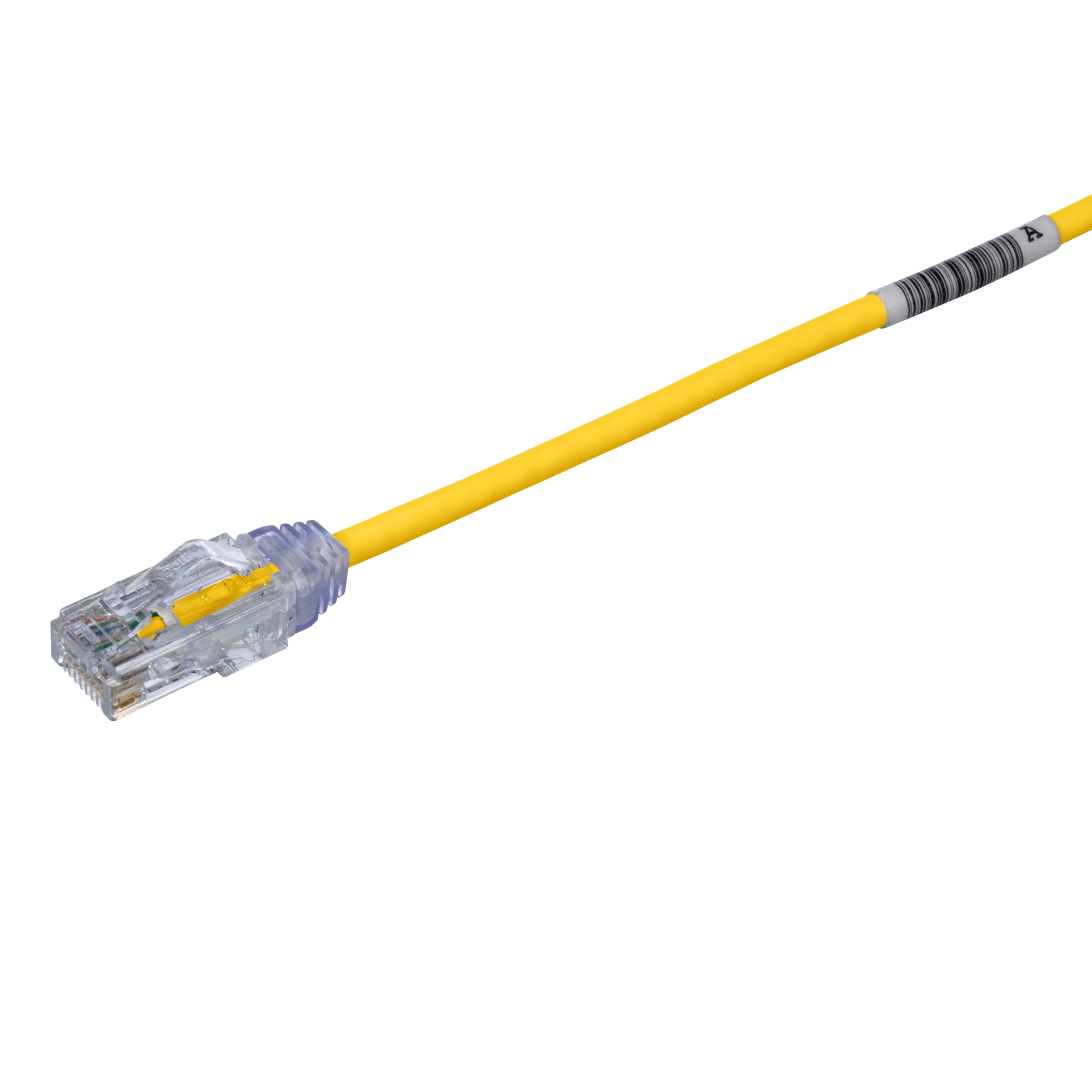 UTP28SP3YL PanNet TX6-28 Small Diameter Patch Cord, Cat 6/Class E, 28 AWG U/UTP Stranded Copper Conductor, RJ45 Modular Plug Connector, 3 ft L Cord, Yellow
