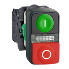 Harmony XB5, Illuminated double-headed push button, plastic, 22, 1 green flush I + 1 pilot light + 1 red projecting O, 1 NO + 1 NC