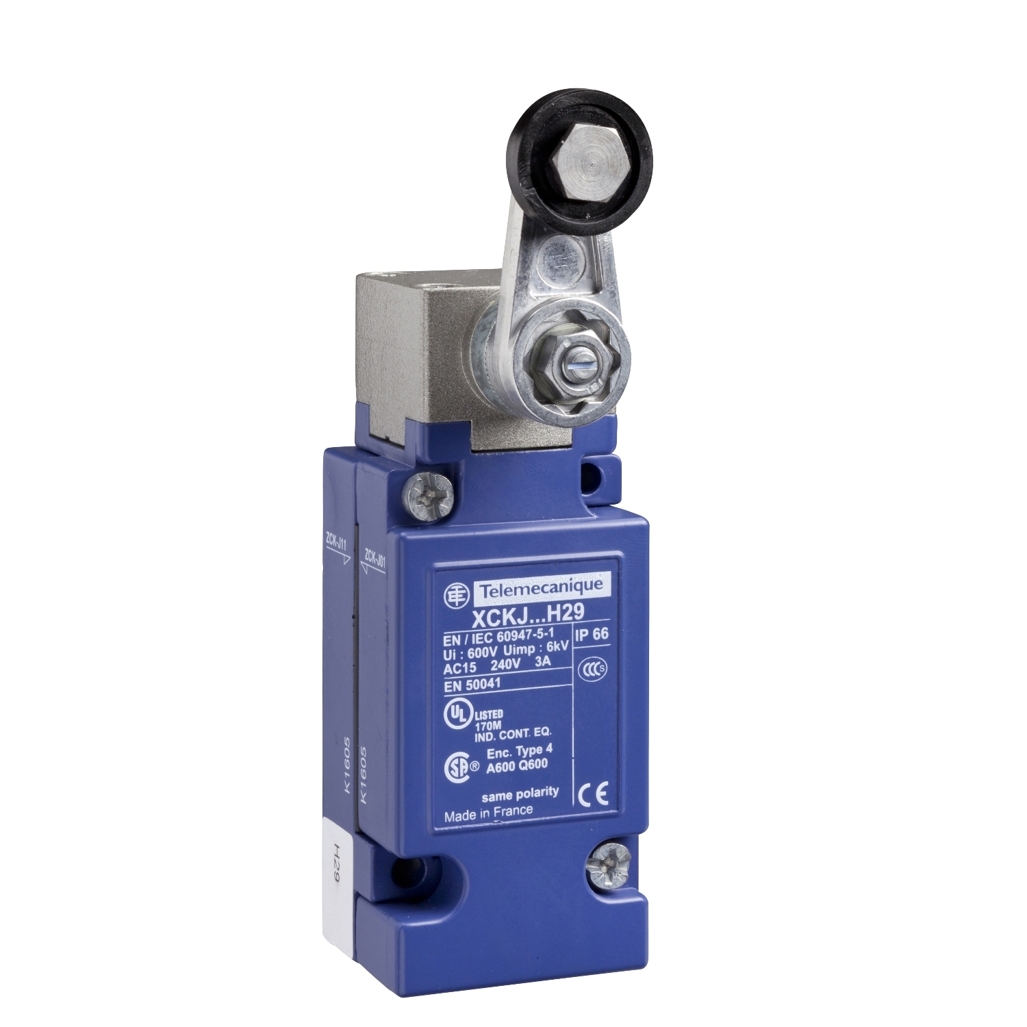 XCKJ110513H7 OsiSense Limit Switch, 600 V AC, 10 A, Spring Return Roller Lever Actuator, 1CO Contact, 1 Poles