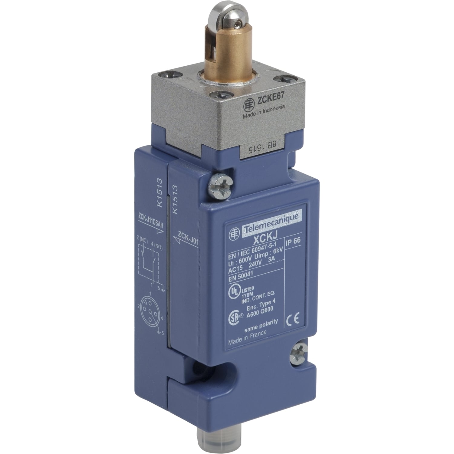 XCKJ1167DSA8 OsiSense XC Standard Format Plug-In Limit Switch, 240 V AC, 10 A, Spring Return Roller Plunger Actuator, 1C/O Contact, 1 Poles