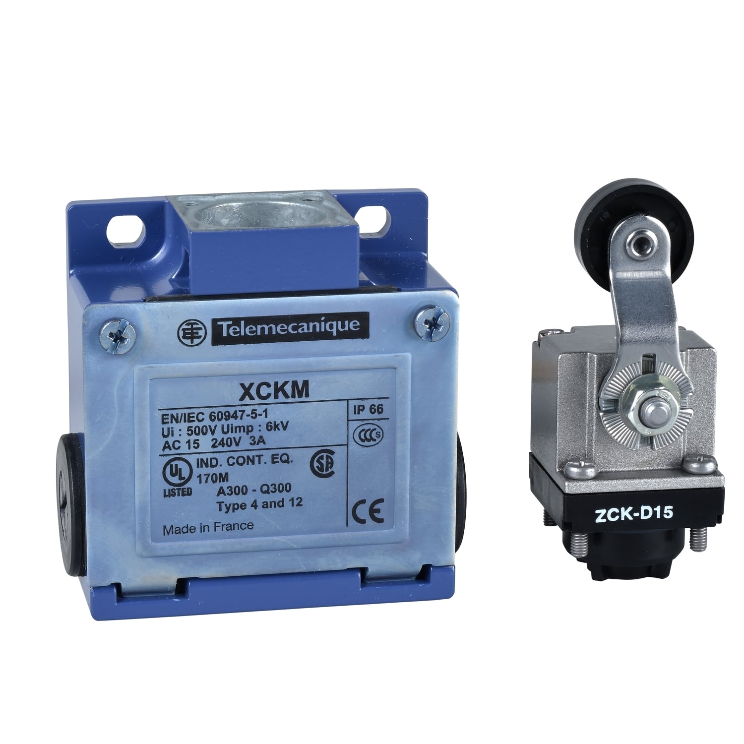 XCKM515 OsiSense XC Fixed Rotary Standard Format Limit Switch, 240 V AC, 10 A, Thermoplastic Spring Return Roller Lever Actuator, 1NO-1NC Contact, 2 Poles