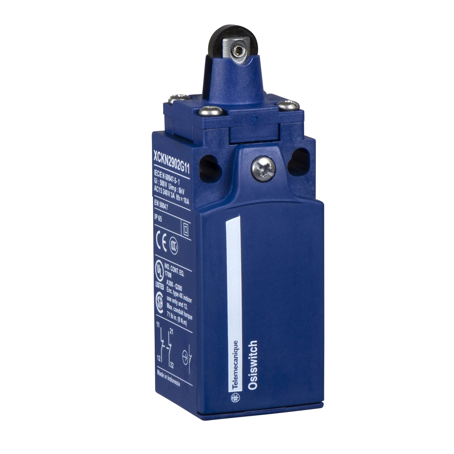 XCKN2102P20 OsiSense XC Standard Format Fixed Limit Switch, 250 V DC/240 V AC, 10 A, Spring Return Roller Plunger Actuator, 1NO-1NC Contact, 2 Poles