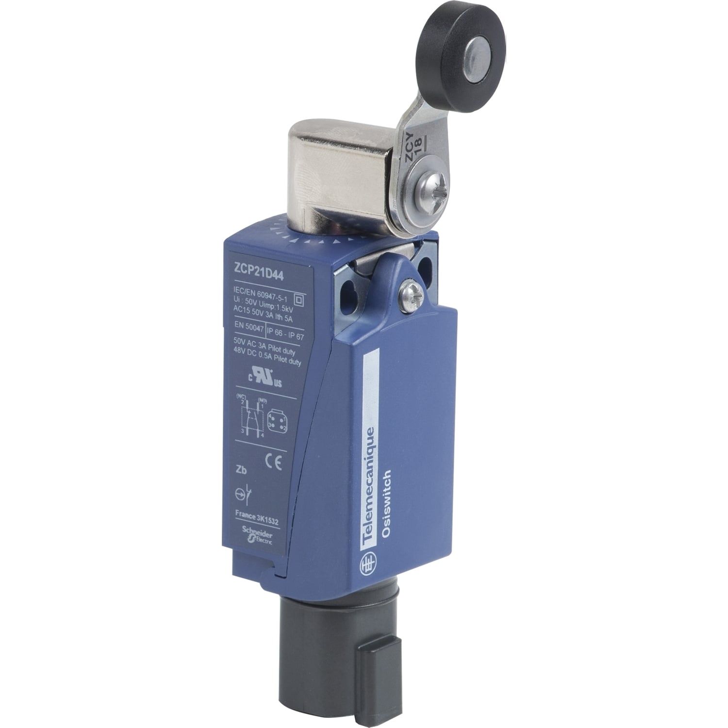 XCKP2118D44 OsiSense XC Standard Format Fixed Limit Switch, 240 V AC, 3 A, Spring Return Roller Plunger Actuator, 1NO-1NC Contact, 2 Poles