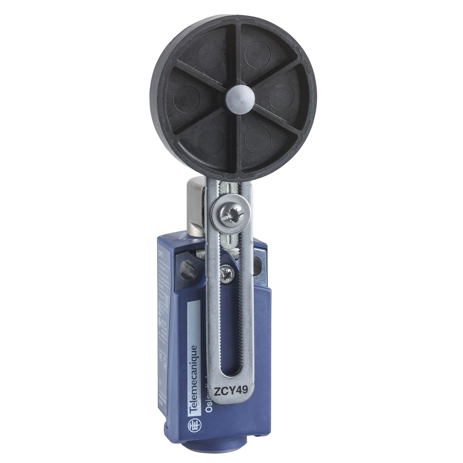 XCKP2149P16 OsiSense XC Compact Fixed Rotary Standard Format Limit Switch, 240 V AC, 3 A, 50 mm Dia Thermoplastic Variable Length Spring Return Roller Lever Actuator, 1NO-1NC Contact, 2 Poles