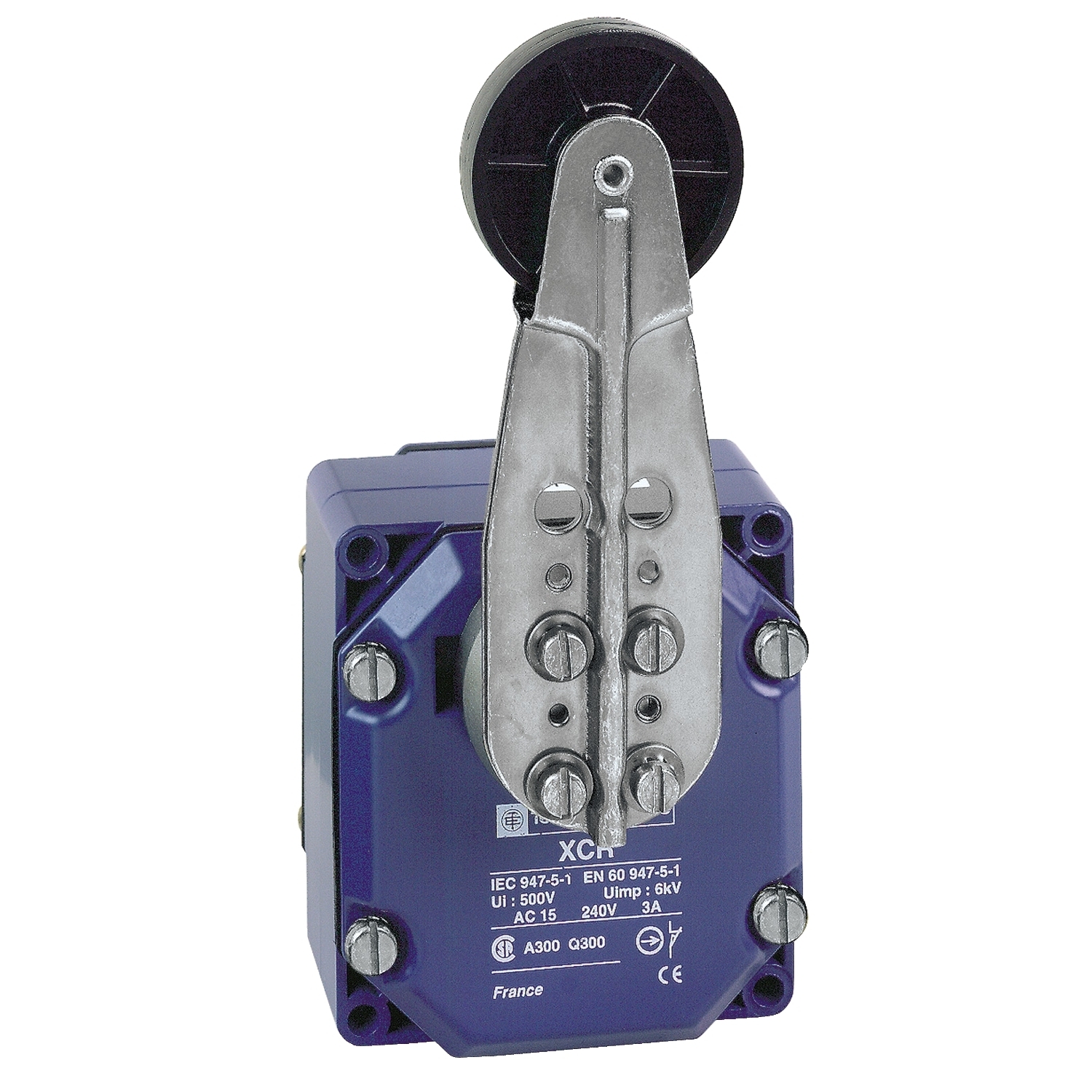 XCRB15 OsiSense XC Special Format Fixed Limit Switch, 240 V AC, 10 A, Spring Return Roller Lever Actuator, 2NO-2NC Contact, 4 Poles