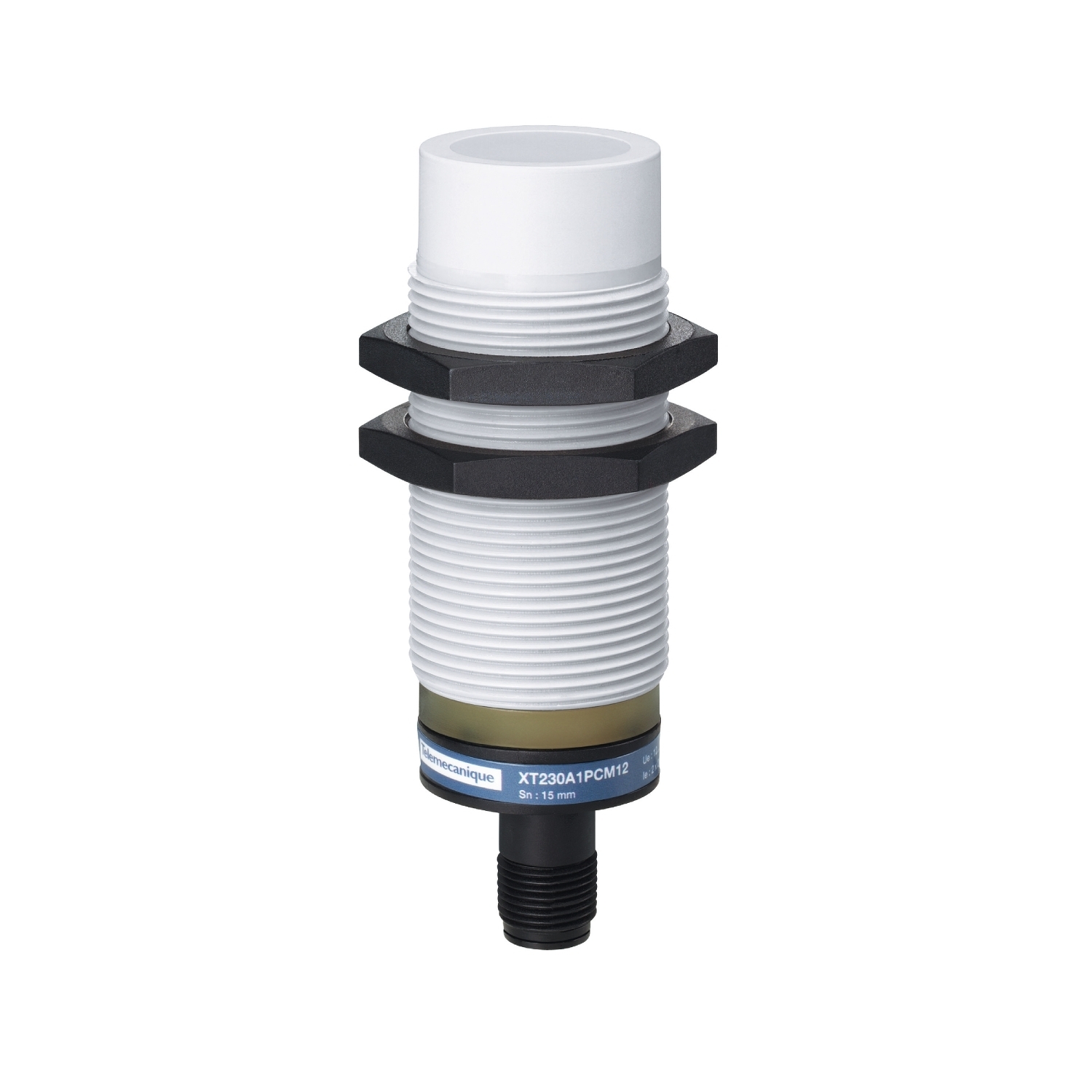XT230A1PCM12 OsiSense XT Block Cylindrical Fixed Proximity Sensor, Capacitive/Ultrasonic, DC PNP Output, 1NO-1NC Contact, 12 to 24 V DC