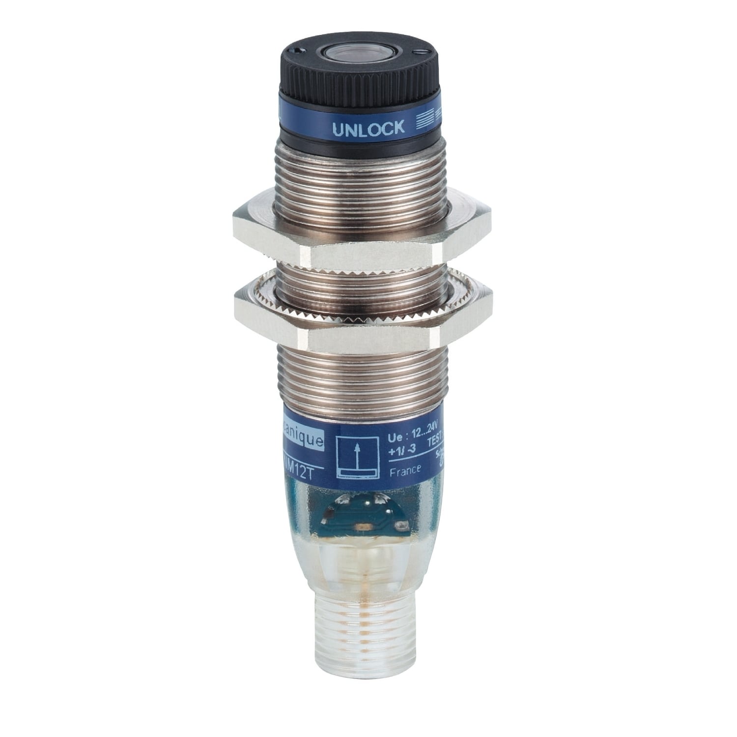 XUBLBKCNM12T OsiSense XU 3-Wire Photoelectric Sensor Transmitter, Cylindrical Shape, 0 to 100 m, Red Laser Sensing Beam, 0.4 ms Response
