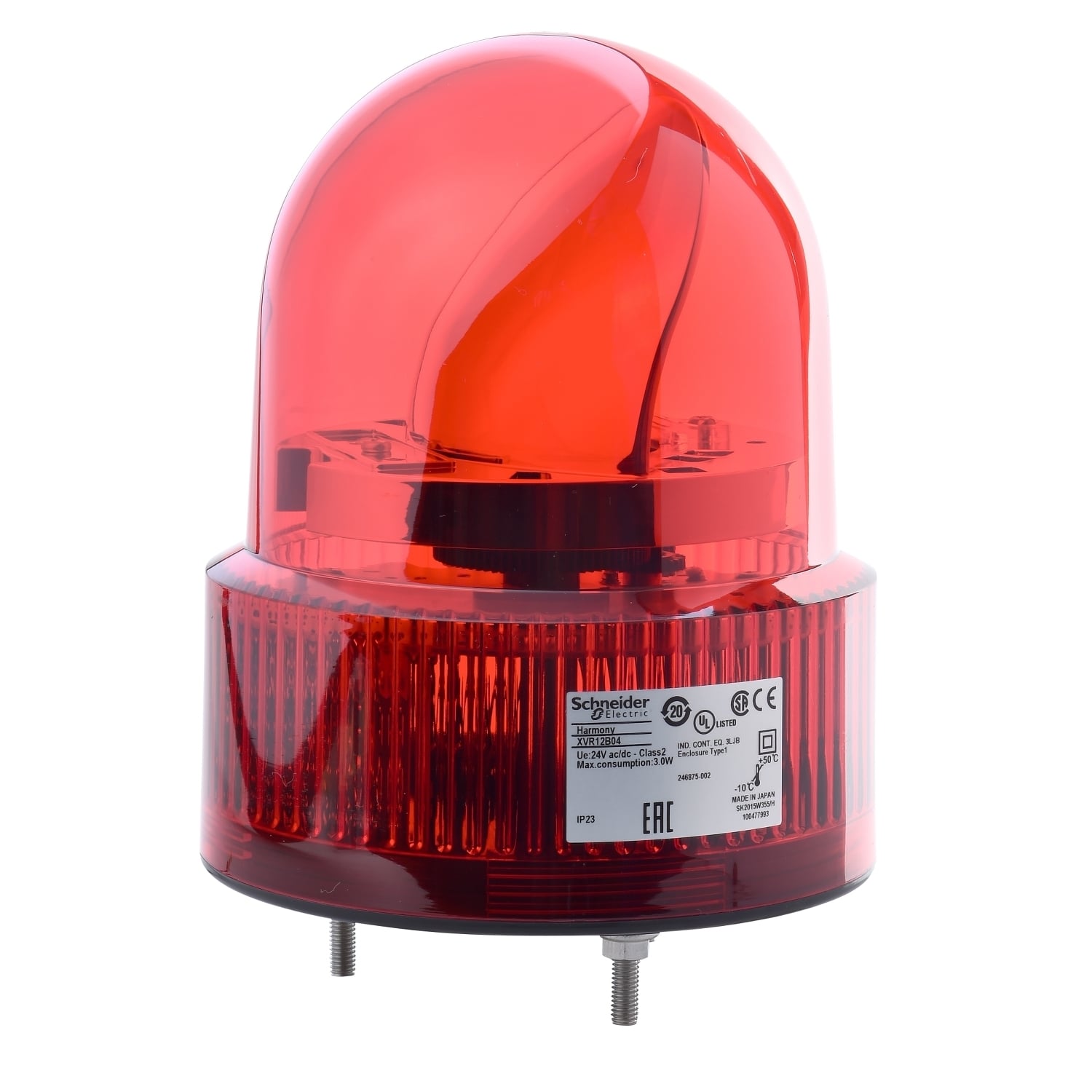 XVR12B04S Harmony Pre-Wired Rotating Mirror Beacon, 24 V AC/DC, LED Lamp, 120 mm Dia, Screw Mount, Red, ABS Lens, IP23 Enclosure