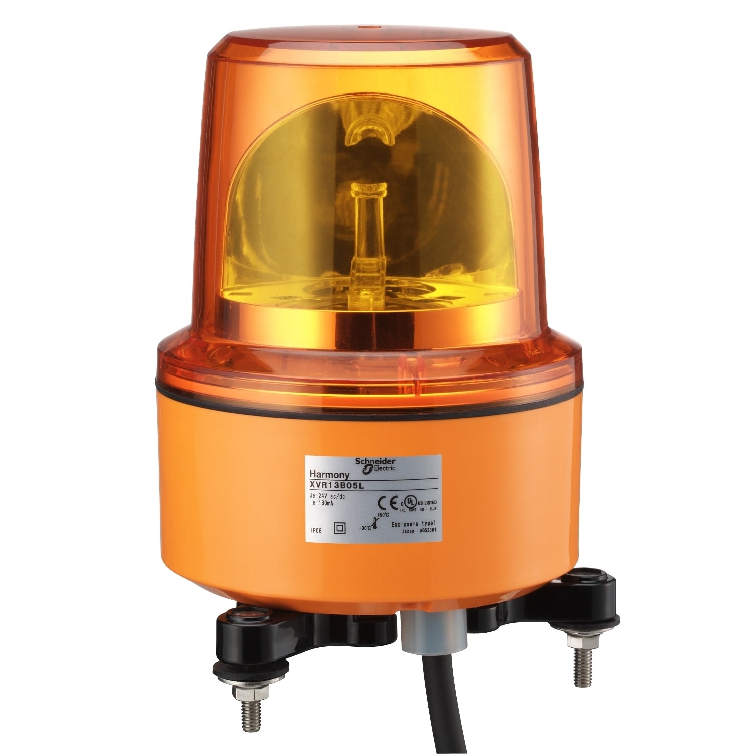 XVR13B05L Harmony Pre-Wired Rotating Mirror Beacon, 24 V AC/DC, LED Lamp, 130 mm Dia, Screw Mount, Orange