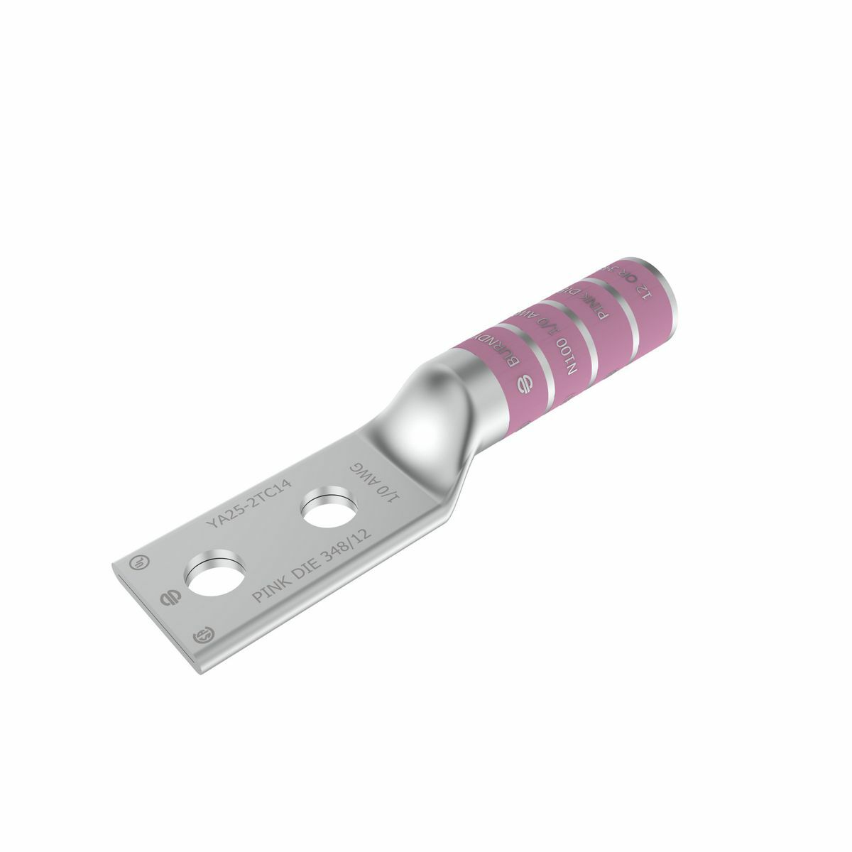 YA252NTC38 YA-2TC 2-Hole Compression Lug, 1/0 AWG Stranded Copper Conductor, Die Code: 12, 3/8 in Stud, Tin Plated Copper