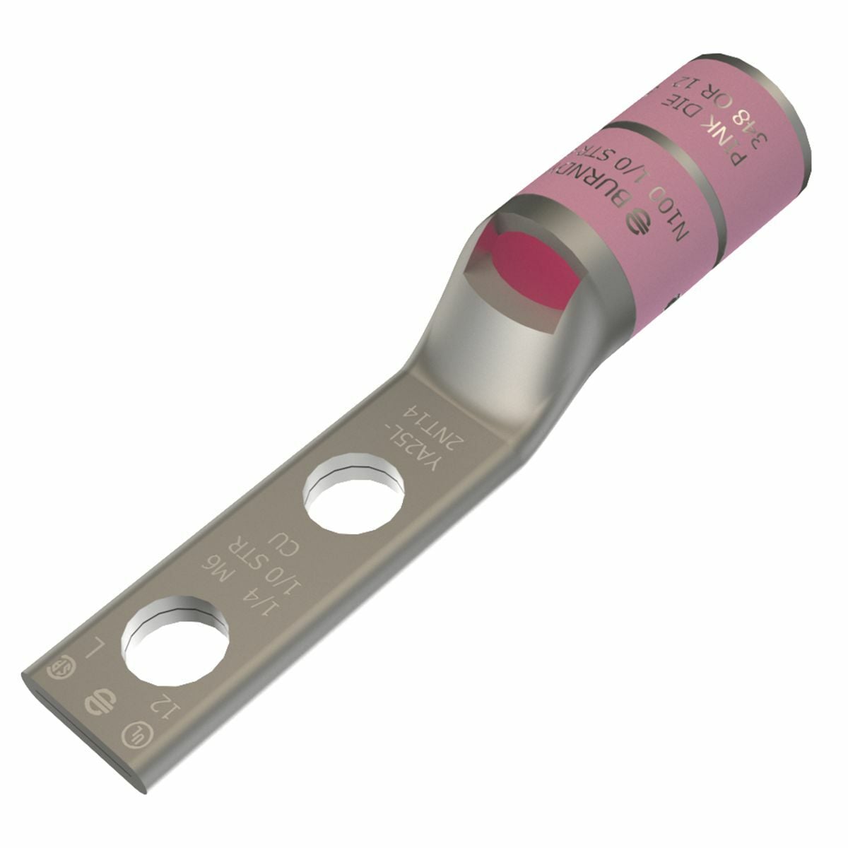 YA25L2NT14 YA-L-2NT 2-Hole Compression Terminal, 1/0 AWG Flexible/Stranded Copper Conductor, Die Code: 12, 1/4 in Stud, Copper