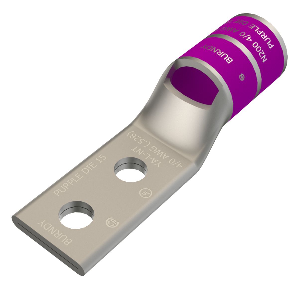 YA28L2NT14 YA-L-2NT 2-Hole Compression Lug, 4/0 AWG Flexible/Stranded Copper Conductor, Die Code: 15, 1/4 in Stud, Copper