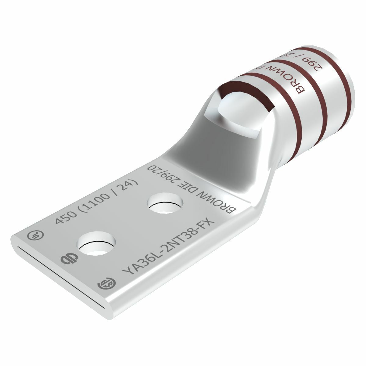 YA36L2NT38FX YA-L-2TC-FX 2-Hole Compression Terminal With Inspection Window, 444.4 kcmil, 450 kcmil Flexible Copper Conductor, Die Code: 20, 3/8 in Stud, Copper