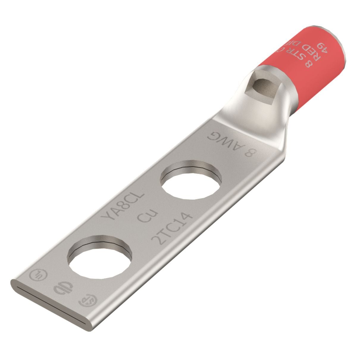 YA8C2LN YA-2LN 2-Hole Compression Lug With Inspection Window, 8 AWG Stranded Copper Conductor, Die Code: 49, 1/2 in Stud, Copper
