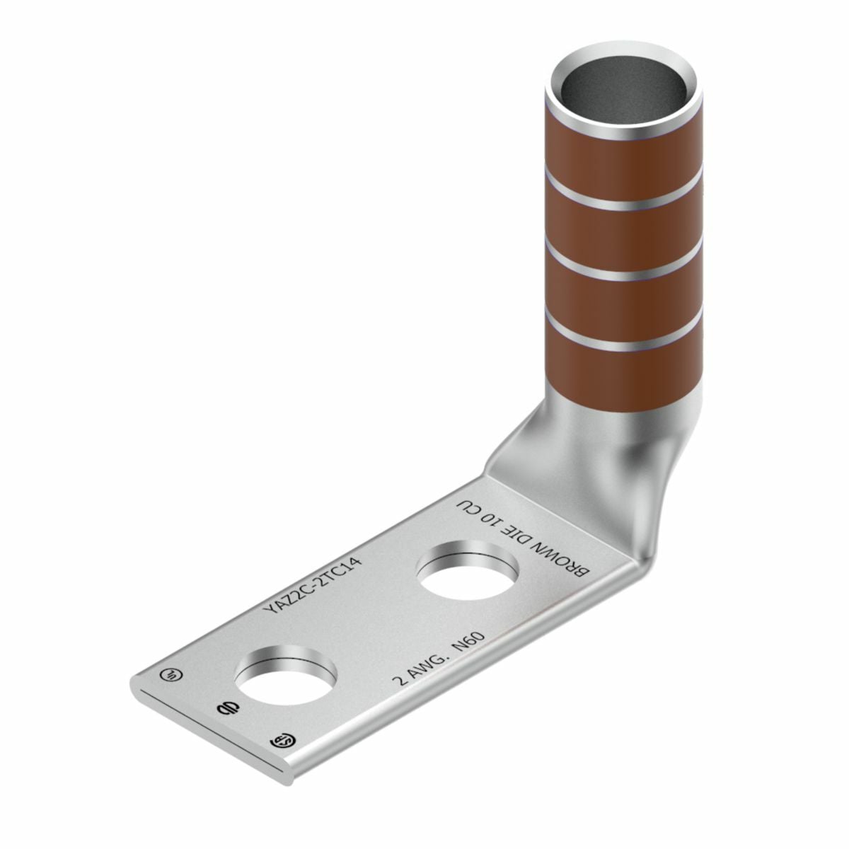 YAZ2C2TC1490 2-Hole Compression Terminal With Inspection Window, 2 AWG Stranded Copper Conductor, Die Code: 10, 1/4 in Stud, Tin Plated Copper