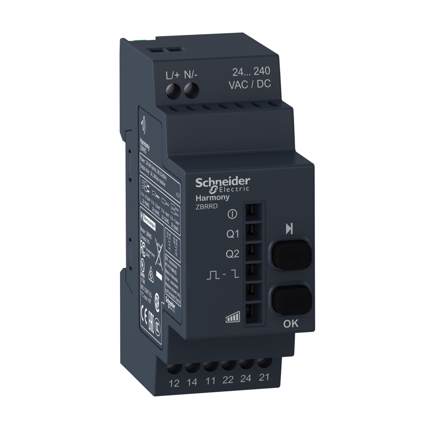 ZBRRD Harmony Bi-Stable Monostable Programmable Receiver, For Use With Harmony XB5R, XB4R 22 mm Pushbutton, 2.95 in, 24 to 240 V AC/DC, 4 W AC/DC, 2NO 2NC contact configuration, Plastic, Green