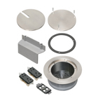 Kits come with two installed receptacles, ultra thin stamped steel flange, and flush-to-the-floor in-use and blank covers. Includes a low voltage keystone holder for up to 4 low voltage ports. Installs easily into our 5.5" round concrete box (FLBC5500). Cover is nickel plated.