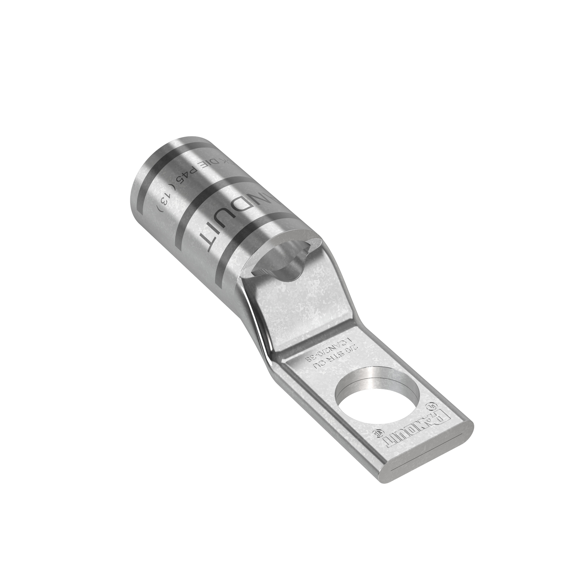 LCAN2/0-38-X Pan-Lug 1-Hole Compression Lug Connector With Inspection Window, 2/0 AWG Stranded Copper Conductor, Die Code: P45, 3/8 in Stud, Tin Plated Copper