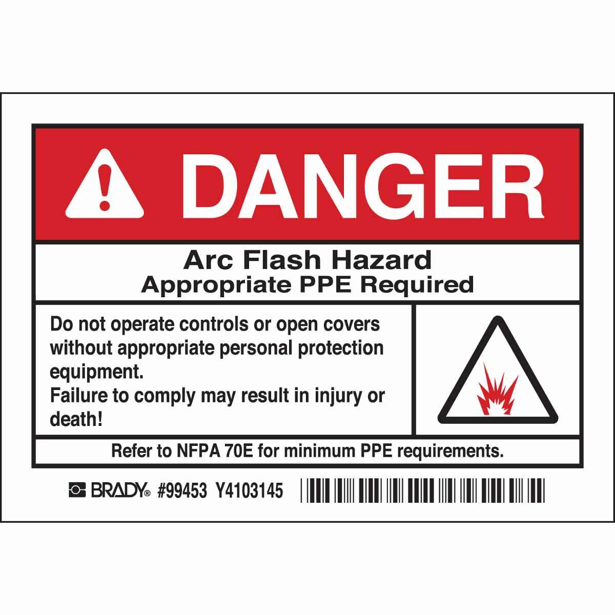 99453 Laminated Non-Reflective Rectangular Self-Adhesive Arc Flash Protection Label, 5 in W, Black/Red on White, B-302 Polyester, 5 per Pack Labels