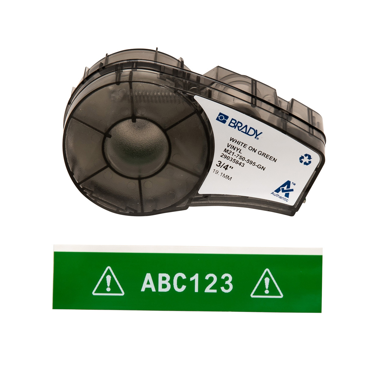 M21-750-595-GN BPM21 Label Marker Cartridge, 21 ft L x 3/4 in W, For Use With BMP 21 PLUS Portable Label Printers, IDPAL and LABPAL Handheld Label Maker, B-595 Vinyl, White on Green
