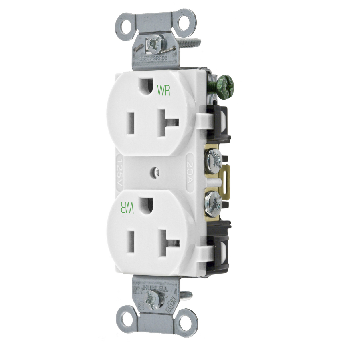 BR20WHIWR 1-Phase Duplex Self-Grounding Standard Traditional Weather Resistant Screw Mount Straight Blade Receptacle, 125 V AC, 20 A, 2 Poles, 3 Wires, White