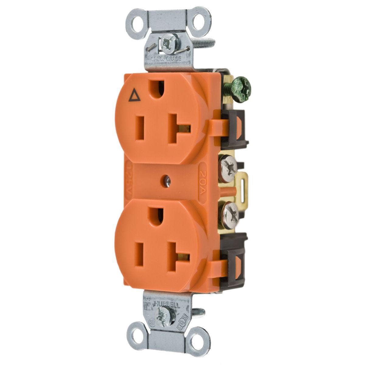 IG5352 1-Phase Duplex Grounding Heavy Duty Screw Mount Straight Blade Receptacle, 125 V AC, 20 A, 2 Poles, 3 Wires, Orange