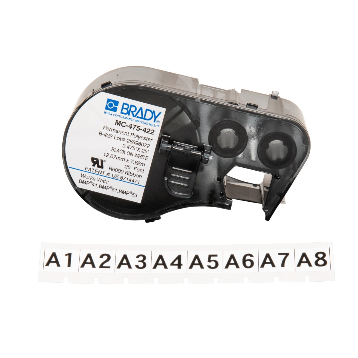 MC-475-422 ToughBond M Series Cartridge Label, 25 ft L x 0.475 in W, For Use With BMP 41 Label Printers, BMP 51 and BMP 53 Label Maker, B-422 Polyester, Black on White