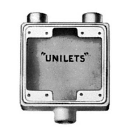 FSD-2-75 Unilets Type FSD Heavy Duty Shallow Device Box With Internal Ground Screw, Malleable Iron, 32 cu-in Capacity, 2 Gangs, 3 Outlets, 3 Knockouts, 4.63 in H x 4.63 in W x 2 in D