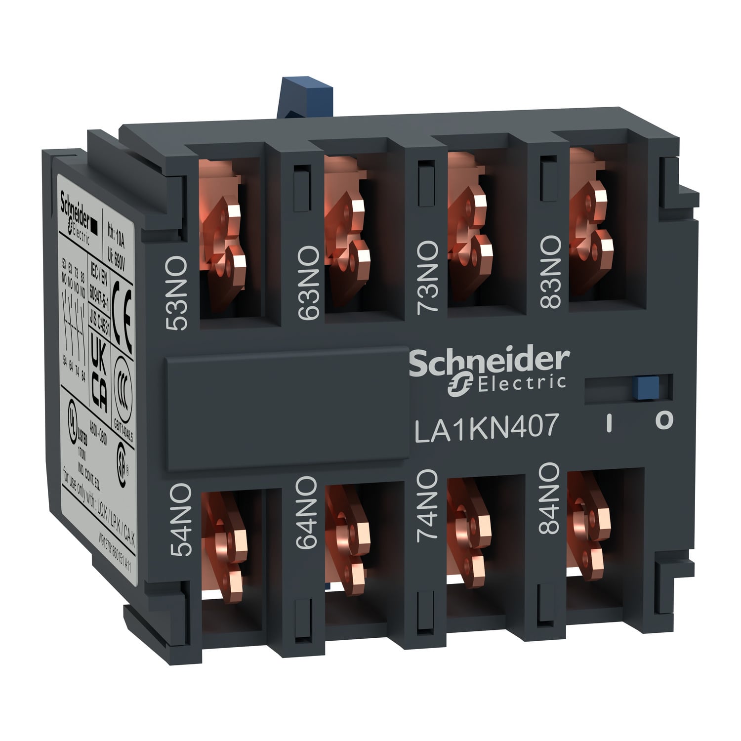 LA1KN407 TeSys K Instantaneous Auxiliary Contact Block, 575 V AC, 10 A, 4NO Contacts, Front Clip-On Mount, For Use With CA2K and CA3K Control Relay