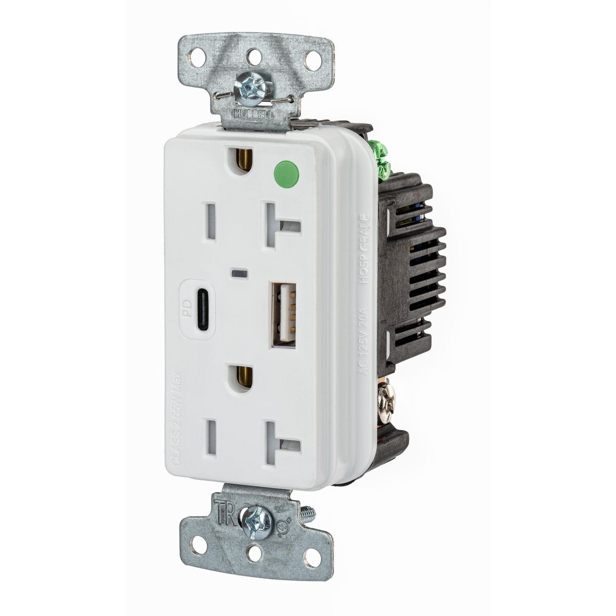 USB8300ACPDW Hospital Grade USB Charger Tamper Resistant USB, Electrical Ratings: 125 V AC, 20 A, 2 Poles, 3 Wires, White
