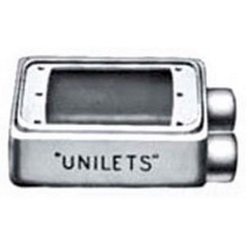 FSS175A Unilets Type FSS Heavy Duty Shallow Device Box With Internal Ground Screw, Aluminum, 25 cu-in Capacity, 1 Gangs, 2 Outlets, 2 Knockouts, 5.88 in H x 2.81 in W x 2 in D