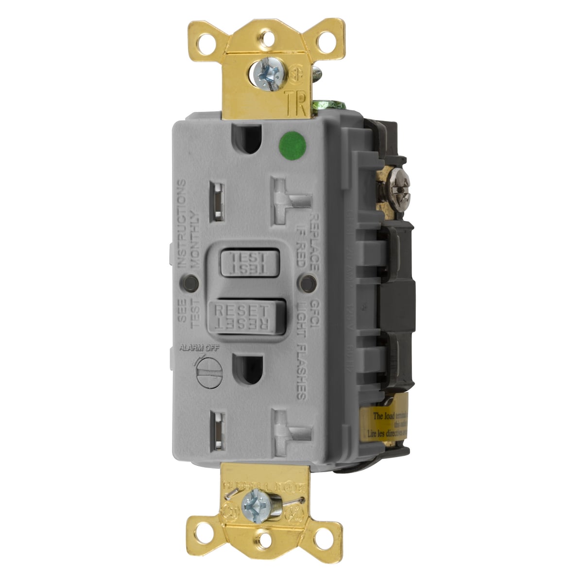 GFTRST83GYB 1-Phase Heavy Duty Standard Self-Test Tamper Resistant Screw Mount GFCI Receptacle With Alarm, 125 V AC, 20 A, 2 Poles, 3 Wires, Gray