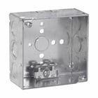 Eaton Crouse-Hinds series Square Outlet Box, (1) 1/2", 4", 4, AC/MC clamps, Welded, 2-1/8", Steel, (4) 1/2", (2) 1/2", (1) 3/4" E, 30.3 cubic inch capacity