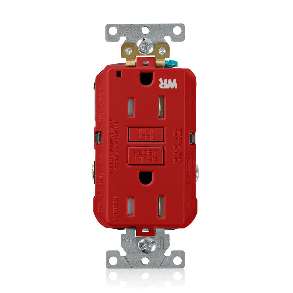 G5262-WTR SmartlockPro Slim Duplex Feed Through Self-Test Tamper/Weather Resistant GFCI Receptacle, 125 V AC, 15 A, 2 Poles, 3 Wires, Red