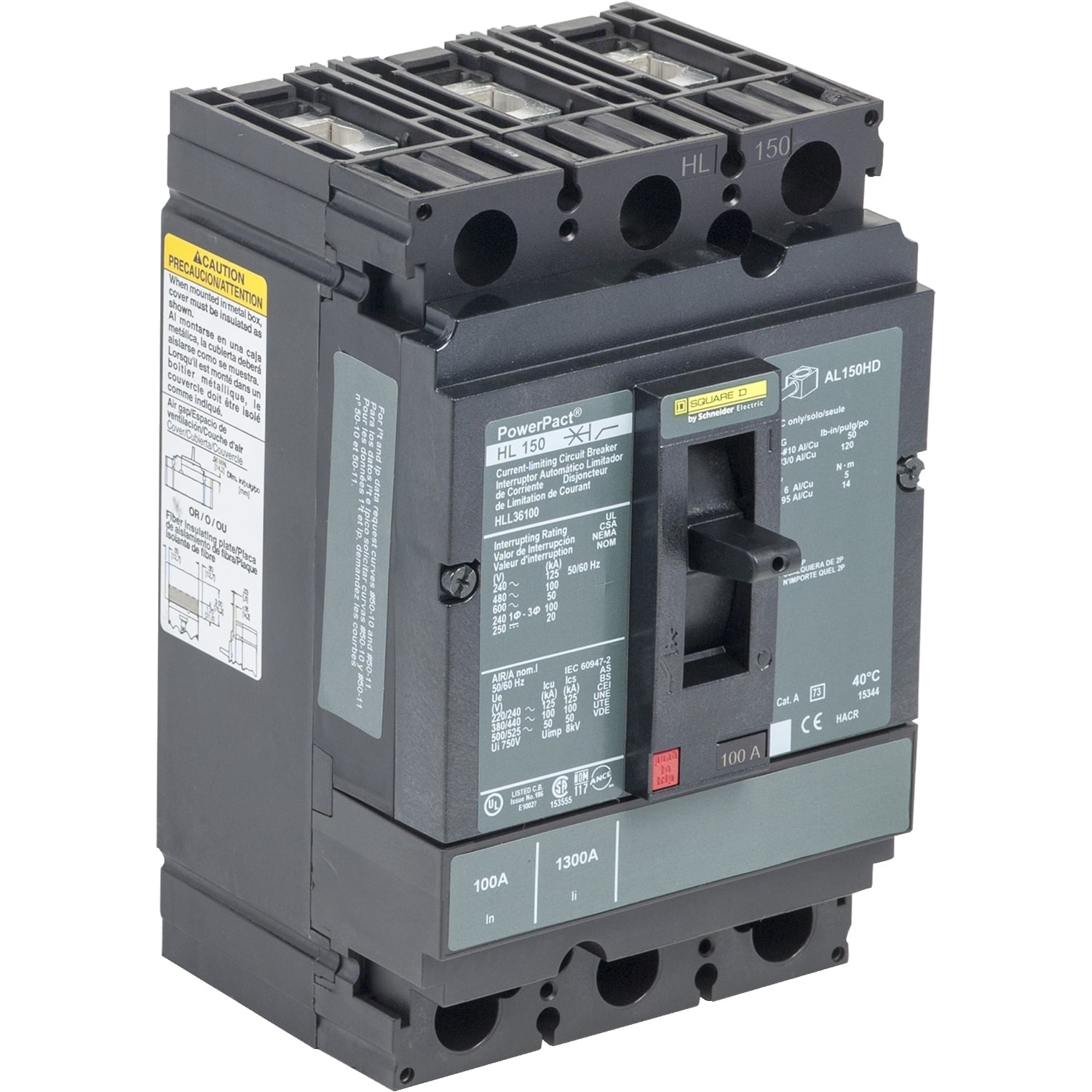 HLL36045 I-Line PowerPact H Type HLL Molded Case Circuit Breaker, 600 V AC/250 to 500 V DC, 45 A, 20/50/100/125 kA Interrupt, 3 Poles, Thermal Magnetic Trip